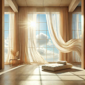 Heller minimalistisch eingerichteter Raum mit großen Fenstern, durch die sanftes Sonnenlicht und weiche Vorhänge wehen; ruhige, weite Atmosphäre wie ein innerer Empfangsraum.