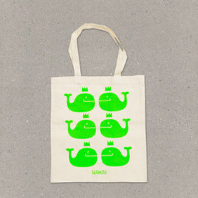 Ballenito Stofftasche natur mit Wal-Muster in neon-grün