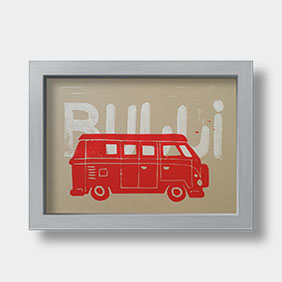 Linoldruck auf Fotokarton – VW Bulli