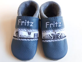 Namensschuhe in jeansblau, Webband Skyline Bochum für Jungen