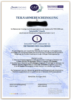 Bescheinigung zur Teilnahme an der Coachingausbildung erstes Semester