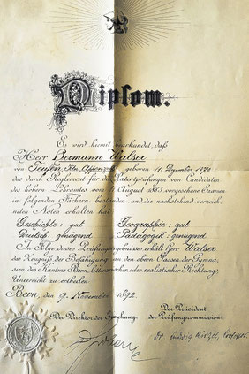 Diplom für das Höhere Lehramt 1892. StABE, N Walser 3 4.4