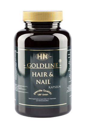 Grüne Packung mit goldenem Deckel und HN-GOLDLINE-Logo mit Aufschrift HAIR & NAIL Kapseln