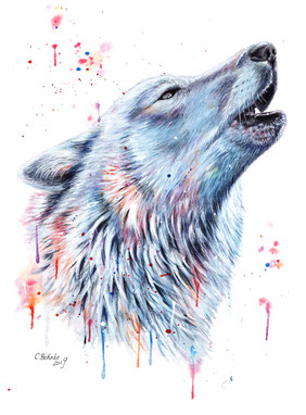 Bunter Wolf gemalt mit Aquarell