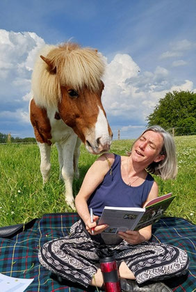 Freizeitreiterin Sigrid sitzt mit ihrem Buch "Helgis Jungpferdetagebuch" auf einer Picknickdecke auf der Weide. Sie hält ihr Buch, Helgis Jungpferdetagebuch. Isländpferd Helgi steht hinter ihr, einen Grashalm im Maul. Er hat sie gerade ans Ohr gestupst