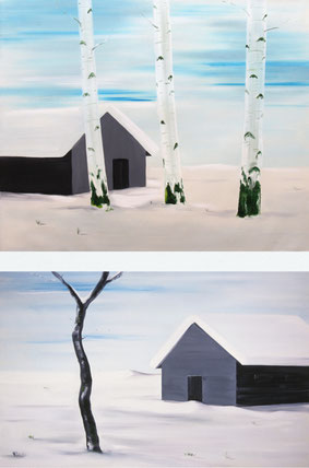 Boven: Winterlandschap met berkenbomen 105x130cm olie op canvas 2001 (Privé collectie New York USA) onder: Winter landschap met zwarte hut 80x125cm olie op canvas 2001 (Privé collectie Oldenburg Duitsland)