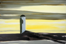 Toren aan gele horizon 70x104cm olie op canvas 1998 (Collectie Provinciale Kunstuitleen Utrecht Houten). Basisstipendium, Fonds voor Beeldende Kunsten Vormgeving en Bouwkunst Amsterdam 1999