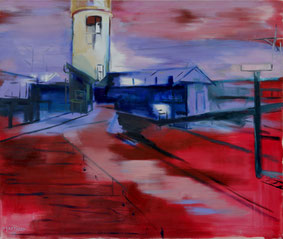 Grenspost bij nacht 105x125cm olie op doek 1997 (Privé collectie Dendermonde België). Basisstipendium, Fonds voor Beeldende Kunsten Vormgeving en Bouwkunst Amsterdam 1999