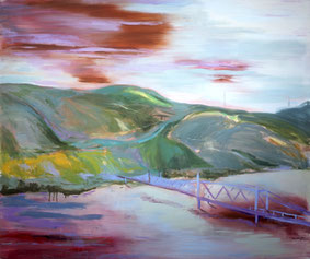Berglandschap met blauwe brug 110x130cm olie op doek 1997 (Collectie Artotheek 18 Bergen op Zoom). Basisstipendium, Fonds voor Beeldende Kunsten Vormgeving en Bouwkunst Amsterdam 1999