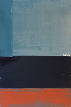 oil painting titled Codex, oil on wood. Red at bottom, light blue at top with a dark blue block in the middle and the word codex