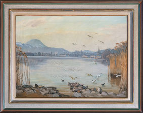 Vögel am Seeufer mit Blick auf Luzern