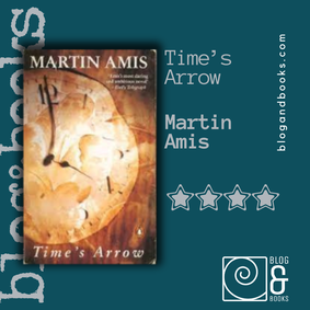 Book cover of Time's Arrow by Martin Amis on blue green blog and book background