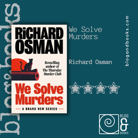 Book cover of We Solve Murders by Richard Osman on the blog&books green background