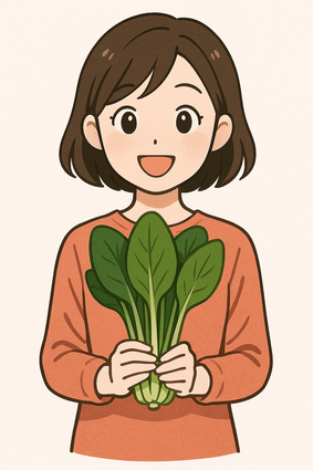 小松菜を持っている笑顔のかわいい女性(Copilot生成イラスト)