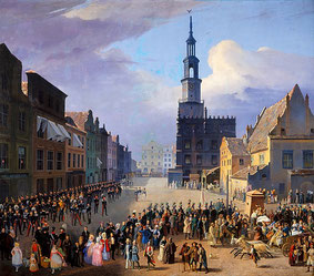 Marktplatz in Posen mit Rathaus. Gemälde von J. Knorr. 1838.