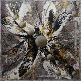  Contemporary abstract painting “Radiant Expansion” from the series Resonant Dimensions by Dominique Steiger, acrylic mixed media on canvas with luminous gold and monochrome energy forms.
