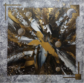 Contemporary abstract acrylic painting “Harmonic Core” from the series Resonant Dimensions by Dominique Steiger, geometric mixed media artwork on canvas with gold and monochrome textures.