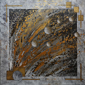 Modern contemporary artwork “Temporal Flow” from the Resonant Dimensions series by Dominique Steiger, abstract acrylic mixed media painting on canvas with flowing gold and dark tonal structures.
