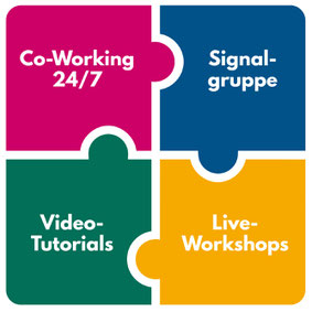 Die vier Säulen: Co-Working, Signalgruppe, Video-tutorials, Live-Workshops