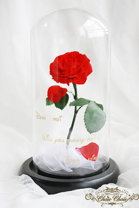 プロポーズ　一輪の薔薇　ガラスドーム  美女と野獣　刻印　プリザーブドフラワー　オーダーフラワー シュシュ