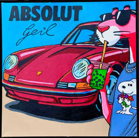 Pop-Art Werk ABSOLUT geil von Divo Santino - Paulchen Pink Panther mit Bubble Tea und Snopy T-Shirt vor einem Porsche 911