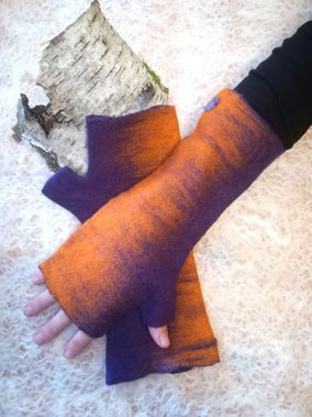 mitaines longues en feutre de laine merinos violet et orange