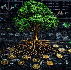 en la imagen se ve un arbol que esta cogiendo su valor de disintas monedas que representan las 12 formas en las que puedes crear valor
