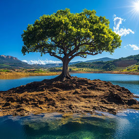 un arbol rodeado de un lago para representar el entorno ambiental