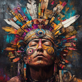 un indigena con un penacho de diferentes colores y plumas que quiere representar que la cultura es diversa y cambiante