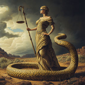 es una representacion de la justicia con una balanza, los ojos bendados y la cola de serpiente