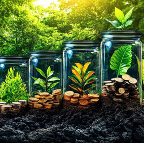 plantas dentro de botes que estan creciendo con el dinero que esta dentro de los botes. representando que hay mercados mas valiosos que otros