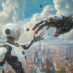 un robot que esta siendo tocado por una mano mas grande. La imagen es un simil de la pintura de leonardo de vinci donde esta el hombre con la mano extendida intentando tocar a dios 