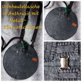 Urinbeuteltasche in Anthrazit mit silbernen Metall-Klickverschlüssen