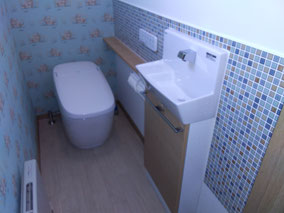 手洗いの背面にはモザイクタイルを貼りました。          カッターでカットして、専用の接着剤で取付します。                      簡単に施工できます。