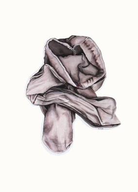 Œuvre hyperréaliste représentant un vêtement froissé cousu de fil rouge. Cette peinture explore le corps absent, la mémoire du textile et la trace de l’intime à travers le tissu, la couture et la précision d’un geste pictural.