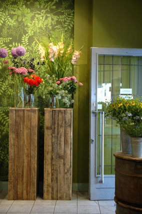 shop design, wallpaper, flowers, leaves, green, interiordesign, flower shop, mademoiselle camille, hamburg