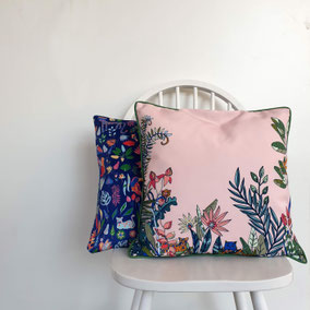 printed cushion with details from tulip illustration, in trendcolors blue and coral