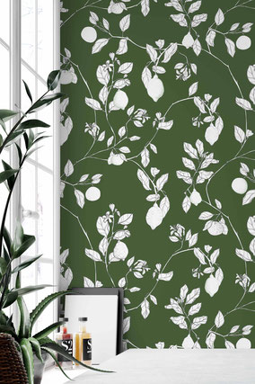 green wallpaper with sketches of lemons on a wall in a kitchen