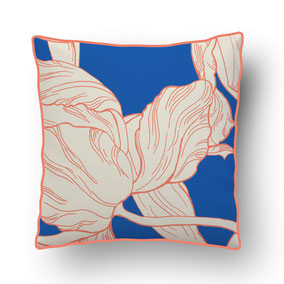 printed cushion with details from tulip illustration, in trendcolors blue and coral