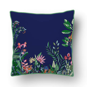 printed cushion with details from tulip illustration, in trendcolors blue and coral