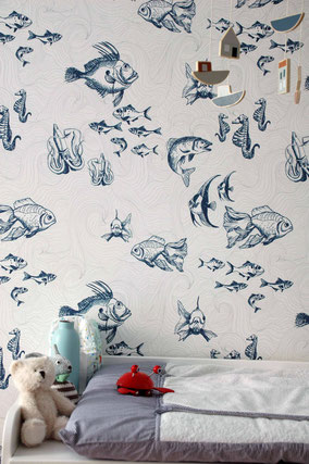 designer fish wallpaper, custom wallpaper, kids room decoration, individual interior design