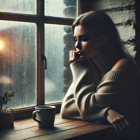 traurige Frau sitzt am Fenster und stützt Kinn auf die Hand. Fenster ist nass vom Regen