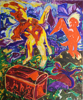 Alfred Klinkan,  "Geschlossene Garagentruhe", 1982, Öl/Leinwand,  200x160cm