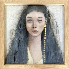 kleines Original-Gemälde Portrait Frau blaue Haare 