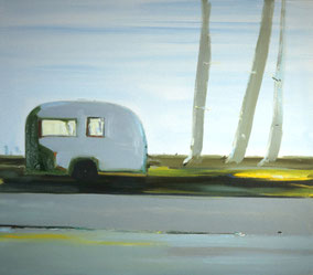 Caravan aan parkeerplaats 72x82cm olie op canvas 1998 (Collectie  Kunstuitleen De Krabbedans Eindhoven). Basisstipendium, Fonds voor Beeldende Kunsten Vormgeving en Bouwkunst Amsterdam 1999