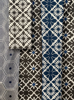 We offer block-printed fabrics on wide 156 cm organic cotton with eco-friendly inks at our shop beside Connaught Place.