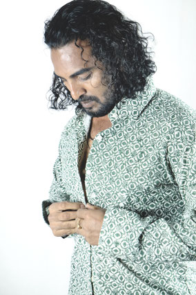 Block-printed men's shirt with custom tailoring, available at Delhi's Connaught Place, Janpath Mini Bazaar.