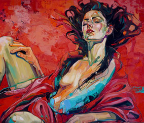 SCARLET SERENITY, oil on canvas 120x140cm, 2025