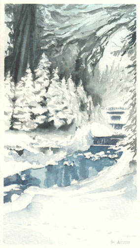 Aquarellbild "Schneelandschaft": mit einem blauen Flüsschen und überragenden Ästen