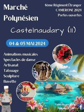 Affiche Jaune bleu et verte sur le batême et la compétition de Va'a, pirogue polynésienne. Il y a une image d'une femme de dos sur une pirogue sur le lagon ransparent en face de maison sur piloti et des montagnes.